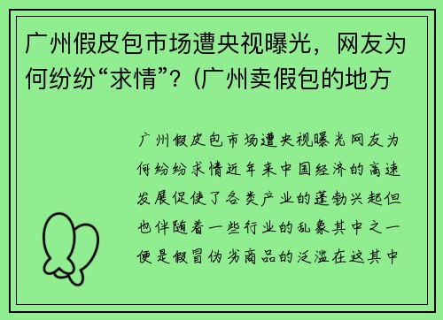 广州假皮包市场遭央视曝光，网友为何纷纷“求情”？(广州卖假包的地方在哪里)