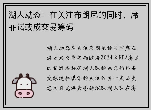 湖人动态：在关注布朗尼的同时，席菲诺或成交易筹码